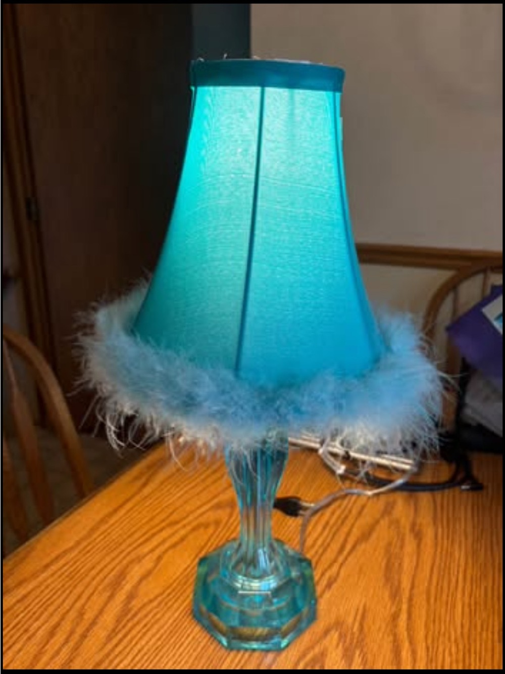 Teal Feather-Trim Table Lamp